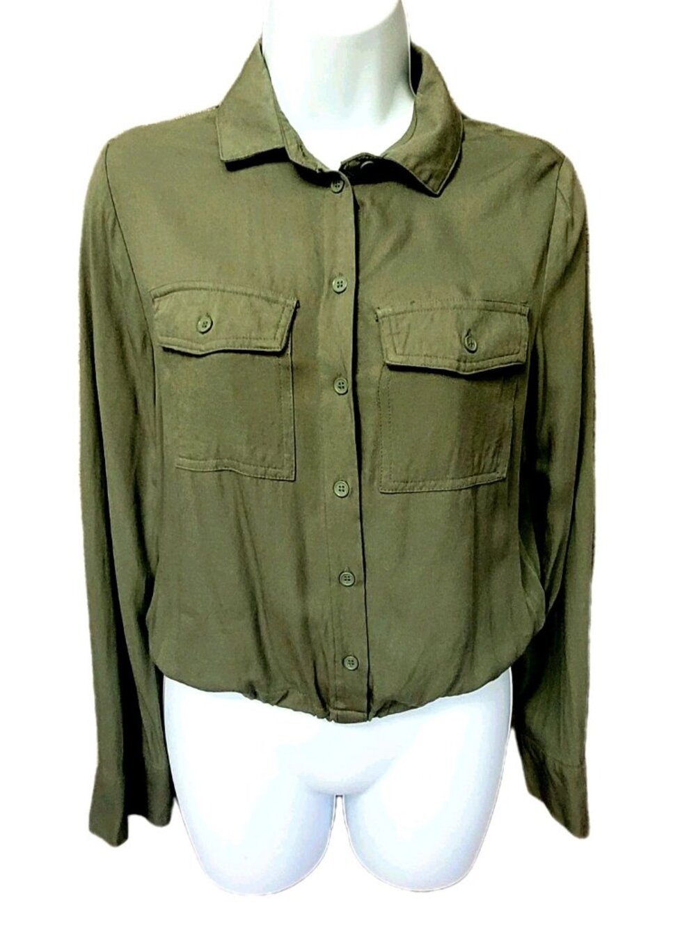 Vintage Y2K‎  Army Green Shirt Utility Womens Jrs XS Cinched Drawstring Hem